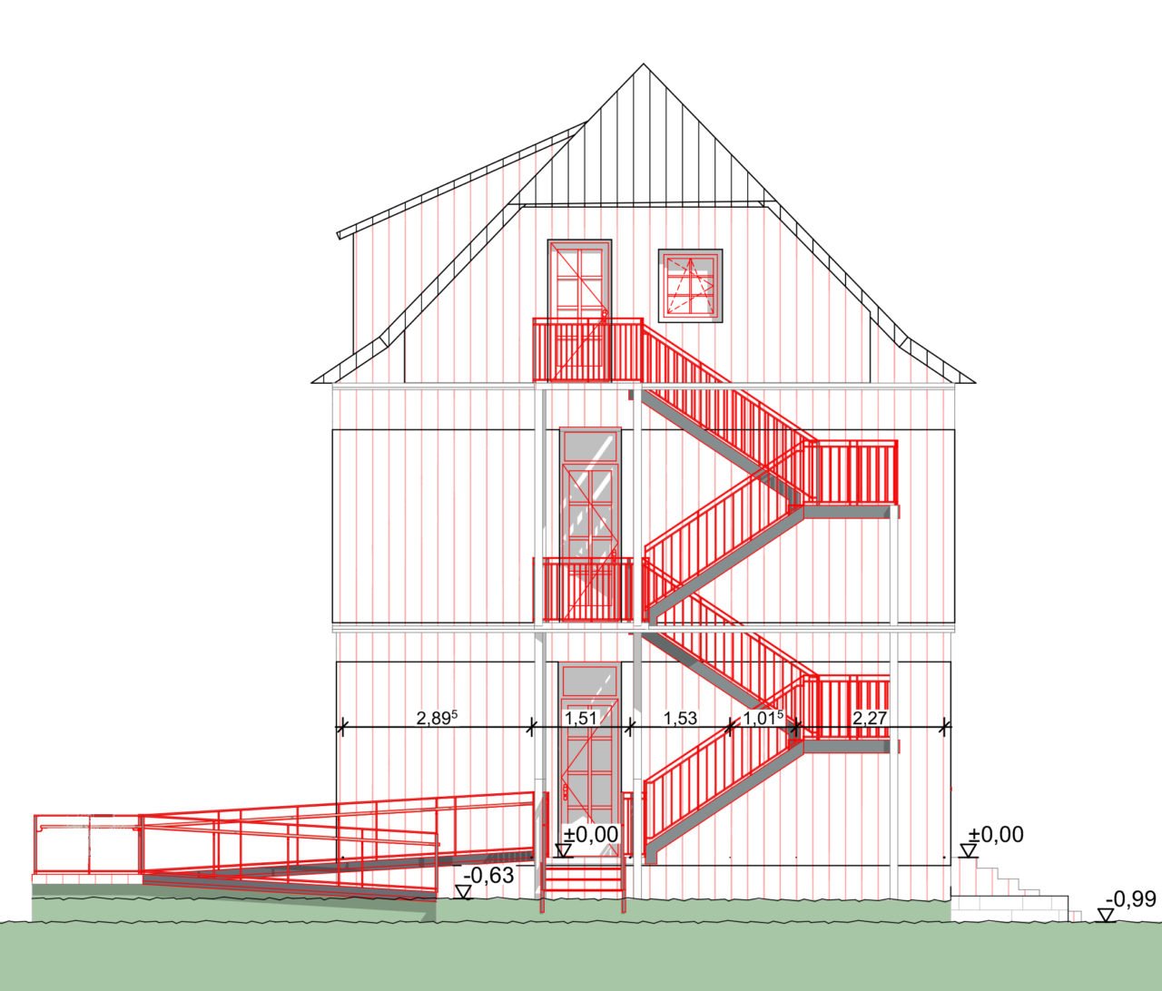 Zeichnung einer Fluchttreppe an der Seite vom Bürogebäude, Brandschutz Leistung Brandschutzgutachten vom Architekturbüro Die Planschmiede